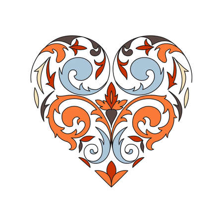 Colored figured heart. Abstract floral pattern, curly design element in oriental style. Fashionable and glamorous decoration of any of your bold advertising projects.のイラスト素材