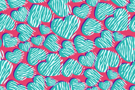 Seamless print of blue and purple hearts and a light tiger pattern on a bright cherry background. A great idea for decorating printed materials, fabrics, interior design, internet projects and more.のイラスト素材