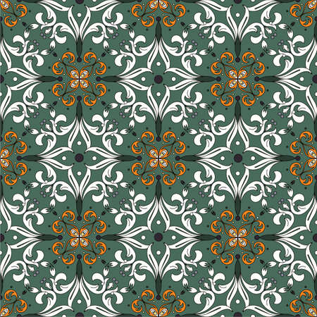 Seamless vintage pattern, oriental motif of colored curly twigs and swirls. Beautiful background in green, white and orange colors. Ideal for any of your bold design or advertising project.のイラスト素材