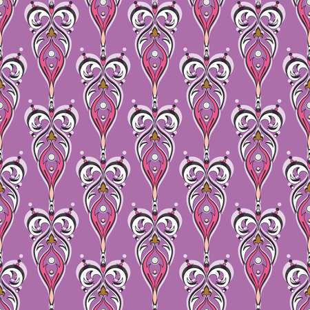 Elegant oriental print with curly lace elements. Seamless trendy pattern in pink, purple and light shades. Great for decorating fabrics, textiles, gift wrapping designs, any printed materials.のイラスト素材