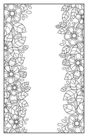 Vertical borders of black and white floral stylized patterns. Contour bouquets of flowers and buds with leaves, abstract design. Ideal for presenting your holiday or advertising design.のイラスト素材