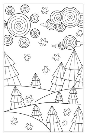 Simple illustration of winter sunny weather. Fir trees with snow, clouds and sun from swirls, black and white vector. Ideal for presenting your holiday or advertising design.の写真素材