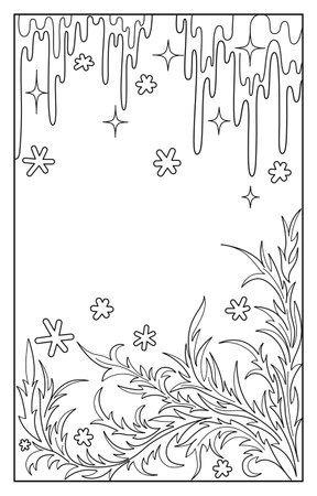 Beautiful winter vector illustration. Black and white pattern of pine or spruce branches, snowflakes and icicles with sparkles. Ideal for any of your bold design or advertising project.の写真素材