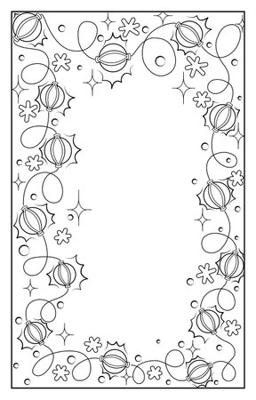 Festive frame from a garland of black and white glowing lanterns, snowflakes and sparks. Suitable for cards, invitations, coloring pages for adults and children, and any other your design.の写真素材