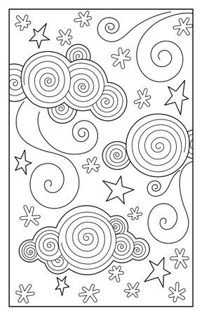 Simple black and white illustration of winter weather in the night sky. Clouds and wind from swirls, stars and snowflakes, vector stylization. Ideal for any of your bold design or advertising project.のイラスト素材
