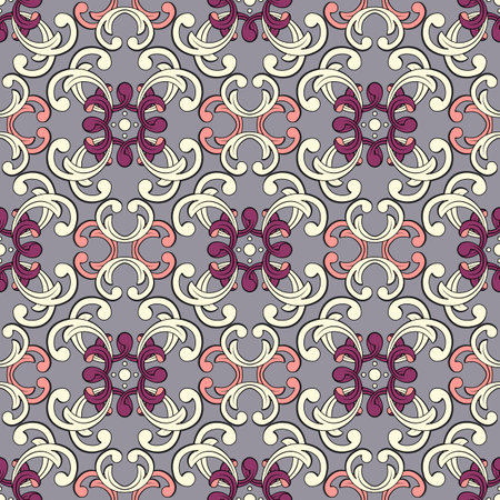 Abstract floral seamless print, geometric chrysanthemums in oriental style. Tiles of stylized light flowers with a purple core, gray background. Ideal for any of your design or project.のイラスト素材