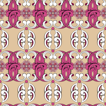Pattern of large elements in oriental style. Seamless abstract print, three-dimensional design in white, pink and magenta colors. Ideal for any of your bold design or advertising project.のイラスト素材