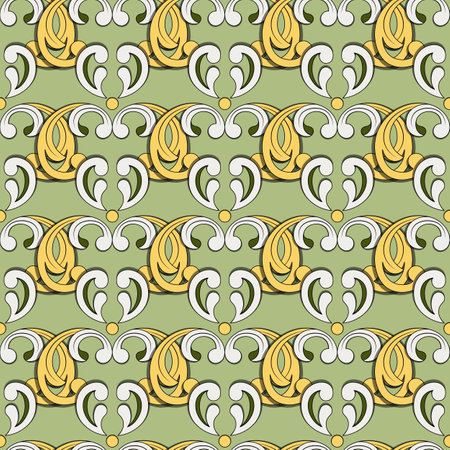 Seamless pattern of white and yellow abstract elements. Stylized geometry in the style of oriental damask. Great for decorating fabrics, textiles, gift wrapping, printed matter, interiors, advertisingのイラスト素材