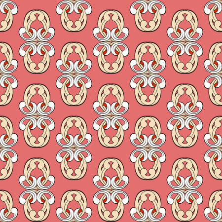 Seamless vintage pattern, abstract curly elements in peach and white with red, pink background. Print with beautiful decorative swirls. Ideal for any of your design or project.のイラスト素材