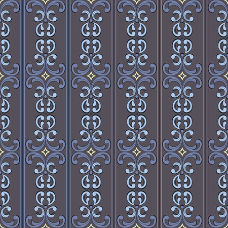 Seamless gray wallpaper in damask style. Beautiful oriental print of lace elements and swirls, vertical borders. Great for decorating fabrics, textiles, gift wrapping designs, any printed materials.の写真素材