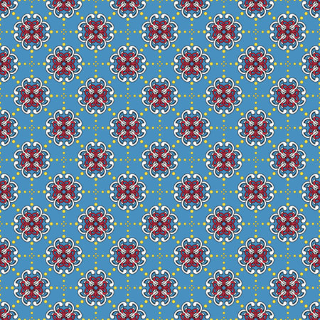 Abstract floral styling. Seamless pattern of small colored curly elements with yellow dots, blue background. Print in Scandinavian or Oriental style. Ideal for any of your design or project.のイラスト素材