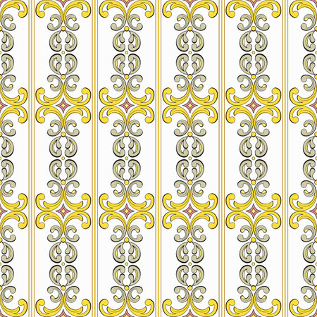 Seamless light print, abstract vector texture. Oriental damask pattern with vertical borders. white background. Great for decorating fabrics, textiles, gift wrapping designs, any printed materials.のイラスト素材