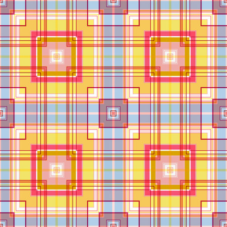 Checkered pattern of yellow and pink squares, blue background. Seamless print, bright summer texture. A great idea for decorating printed materials, fabrics, interior design, internet projects.のイラスト素材