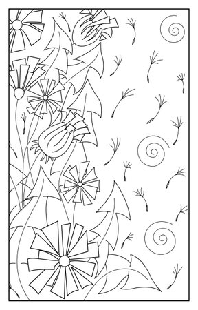 Contour background with dandelion flowers, vector line art. Beautiful abstract styling. A beautiful illustration for coloring for adults and children, anti-stress therapy and just a good mood.のイラスト素材