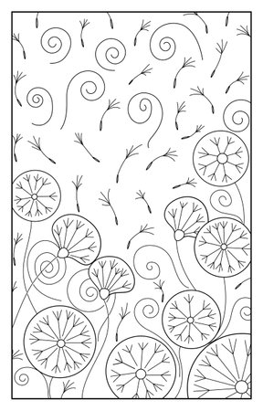 Dandelion flowers on stems and buds. Abstract stylization, beautiful floral design. A beautiful illustration for coloring for adults and children, anti-stress therapy and just a good mood.のイラスト素材