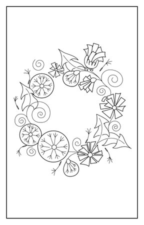 A wreath of blooming dandelion flowers. Black and white floral stylization, outline vector. A beautiful illustration for coloring for adults and children, anti-stress therapy and just a good mood.のイラスト素材