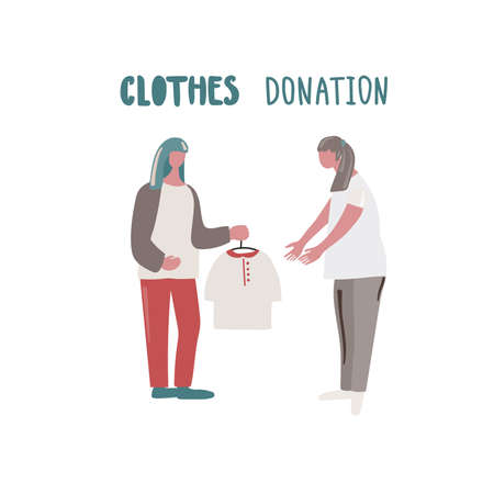 Girl donates clothes to another girl.のイラスト素材