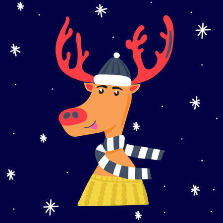 Cheerful deer in a cap, sweater and scarf. New year vector illustration.のイラスト素材