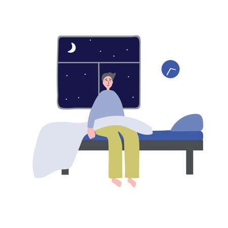 Insomnia. The young man woke up and can't sleep. Vector pattern on a white background.のイラスト素材