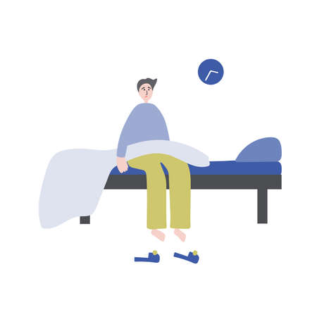 Insomnia. The young man woke up and can't sleep. Vector pattern on a white background.のイラスト素材