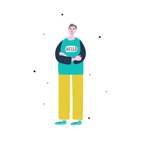 A young man stands and smiles. His arms folded on his chest. Handdrawn vector illustration on a...