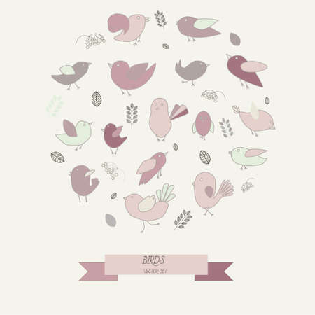 Set of line drawings cute birds iconのイラスト素材