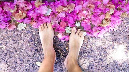 Female feet standing on a neutral background with a scattering of exotic flowers in pink orange...