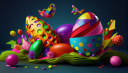 Bunch of colorful eggs Easter, different abstract elements and flowers. Set colorful Easter Eggs 3d render. Easter concept composition. easter concept compositionの写真素材