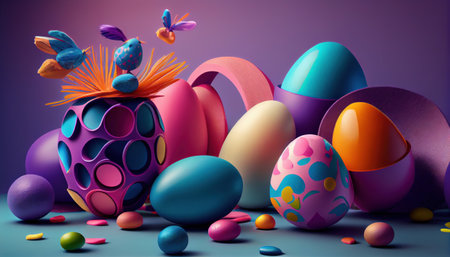 Bunch of colorful eggs Easter, different abstract elements and flowers. Set colorful Easter Eggs 3d render. Easter concept composition. easter concept compositionの写真素材