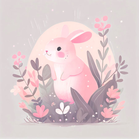 Cute spring rabbit lowers and leaves and flowers, easter, colouful art, Flat illustration in pastel vintage colors. greeting bohemian cards.の写真素材