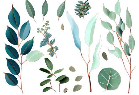 Set of eucalyptus twigs isolated over a transparent background, natural design elements or props for flatlays and digital floristry, top view, flat layの写真素材