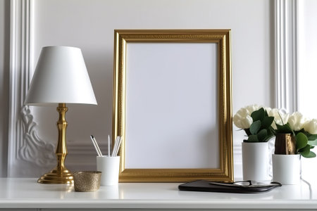 Golden vintage frame mockup in interior with flowers, desk lamp and pens on empty neutral white wall backgroundの写真素材