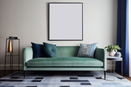 Modern interior design of living room with blue sofa and wooden coffee table. home interior with rugの写真素材