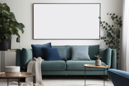 Black frame mockup. Modern interior design of living room with green sofa, plant and wooden coffee table. home interior with rugの写真素材