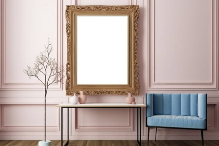 wooden black frame mockup in trendy minimalist living room interior with armchair and neutral backgroundの写真素材