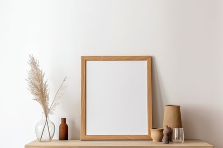 wooden frame mockup in warm neutral minimalist Rustic interior with dried plants, leaves and decor items on empty white wall background.の写真素材