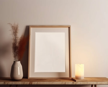 wooden frame mockup in warm neutral minimalist Rustic interior with candle, dried plants, leaves and decor items on empty white wall background.の写真素材