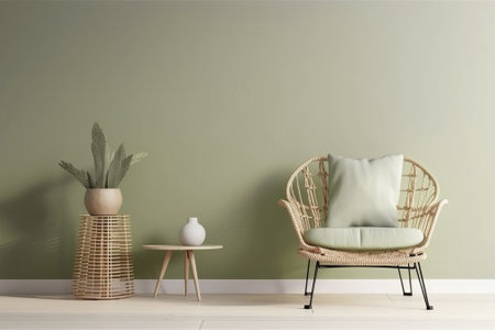 Trendy Poster mockup with vertical wooden frame hanging on pastel olive green wall near wicker rattan armchair with green plants and cactusの写真素材