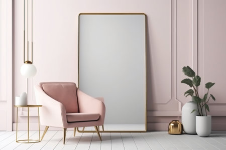 Interior design of modern apartment, living room with and pink armchair, mirror, coffee tables and plant in trendy minimalist pink living roomの写真素材