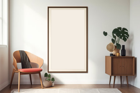 Mid century modern interior frame mockup in empty room with white wall, dresser, console, lounge chair, armchair, floor lamp, plantの写真素材