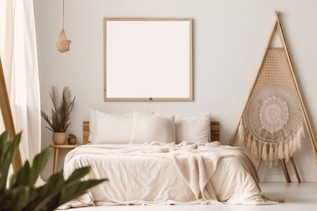 Bedroom frame mockup in boho style with wooden bed, fringed beige blanket, linen cushion with tassels, dried pampas grass and basket lamp on empty white backgroundの写真素材