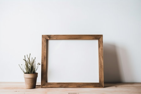 wooden frame mockup in warm neutral minimalist Rustic interior with dried plants, leaves and decor items on empty white wall background.の写真素材