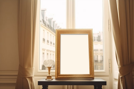 Golden vintage frame mockup in interior with desk lamp on a table against the background of the window Parisの写真素材