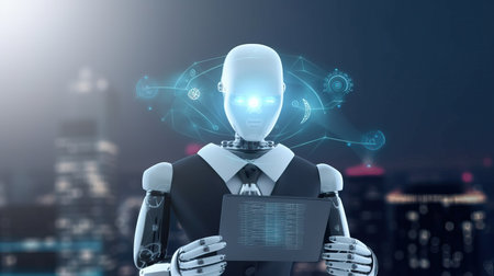 AI chat bot communicate and answer question to businessman with smart solution idea. Artificial...