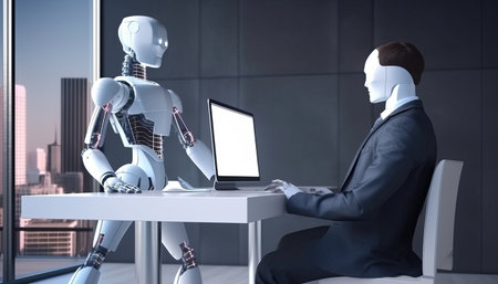 AI chat robot chat with businessman provide smart solution to solving business task. Artificial Intelligence power answer engine offer smart response conversation data to assist user accomplishment.の写真素材