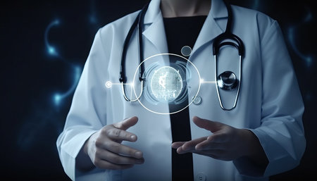 Doctor with stethoscope and Ui icon medical with advanced surgery robotic are precision on virtual interface, Future of healthcare, Medical, Science and Technologyの写真素材