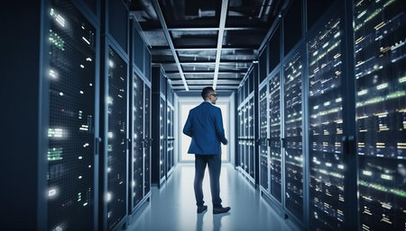 Engineer manager connecting data center on global networking in server room of storage systems and connect of data on internet network businessの写真素材