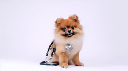 Cute little pomeranian dog with stethoscope as veterinarian on white background.の写真素材