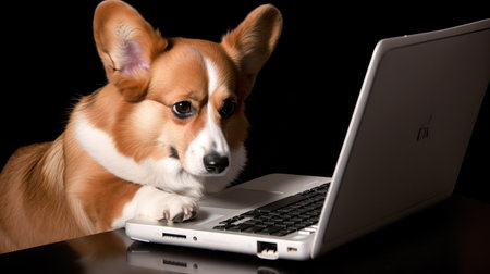 Online pet psychology, veterinarian service on-demand and animal care. web video conference call with vet doctor. pet sit down at the computerの写真素材