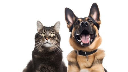 Portrait of cheerful dog and cat straighton white background